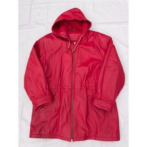 Vintage 90s Jacqueline Ferrar Red Leather Hooded Parka Jacket Womens XL Quilted